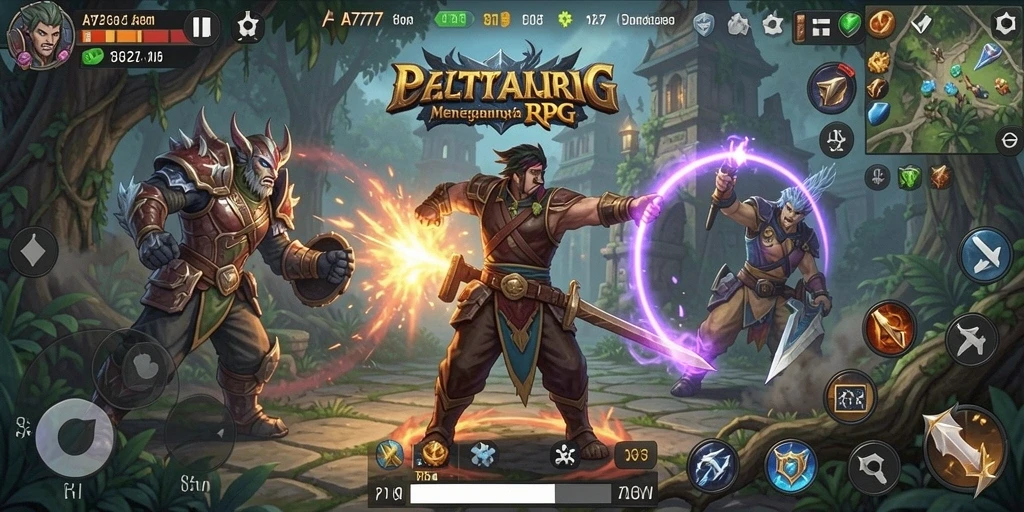 Tangkapan layar gameplay A7777 menampilkan pertempuran epik dalam dunia RPG.