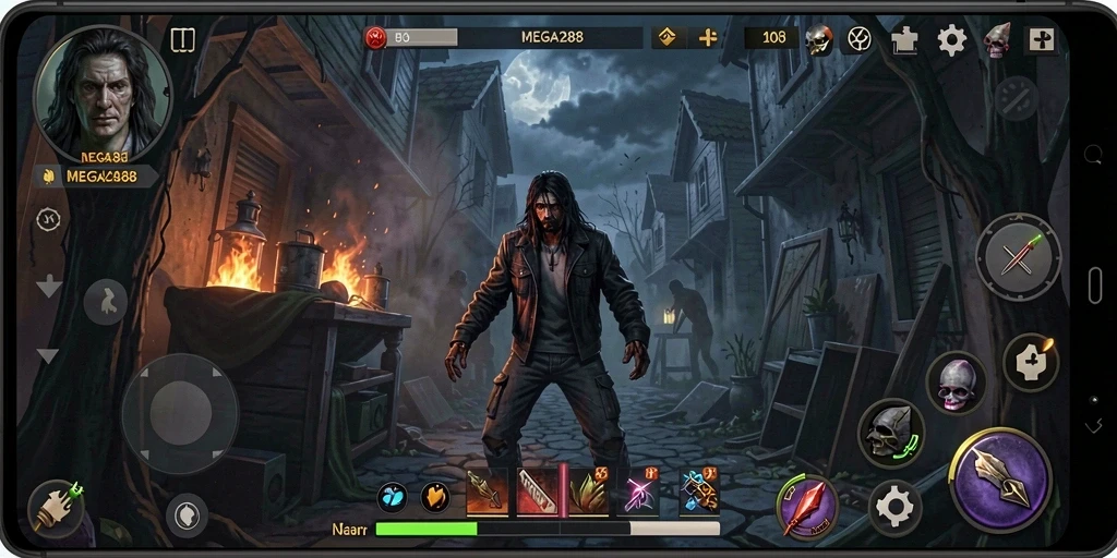 Screenshot MEGA288 menampilkan suasana mencekam saat berhadapan dengan makhluk menakutkan.