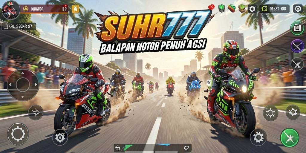 Tangkapan layar utama SUHU777 menunjukkan aksi balapan motor yang mendebarkan.